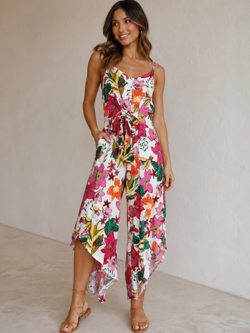 Floral Asymmetrical Hem Spaghetti Strap Jumpsuit By Ivy Street Size L Rayon